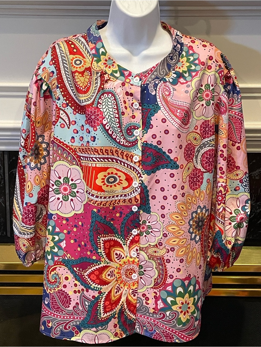 Floral & Paisley Print Button Front Blouse